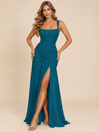 Wrap Pleated Prom Dress Scoop Neck with Slit Women Wedding Formal Dress