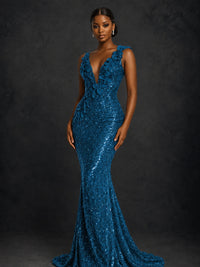 Gold Sequin Floral Applique Mermaid Prom Dress