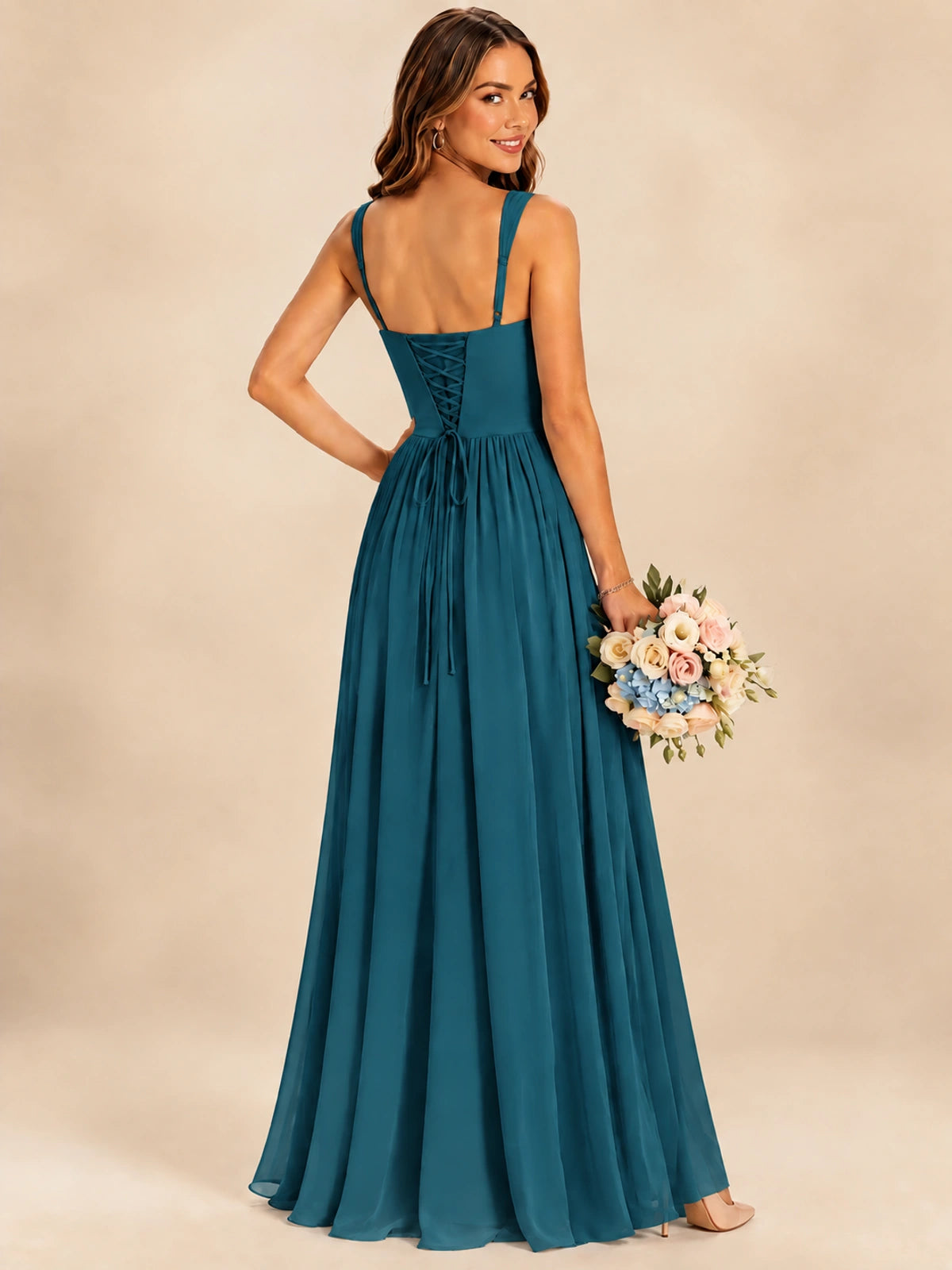 Spaghetti Straps Pleated Chiffon Bridesmaid Dress with Ruffle Slit