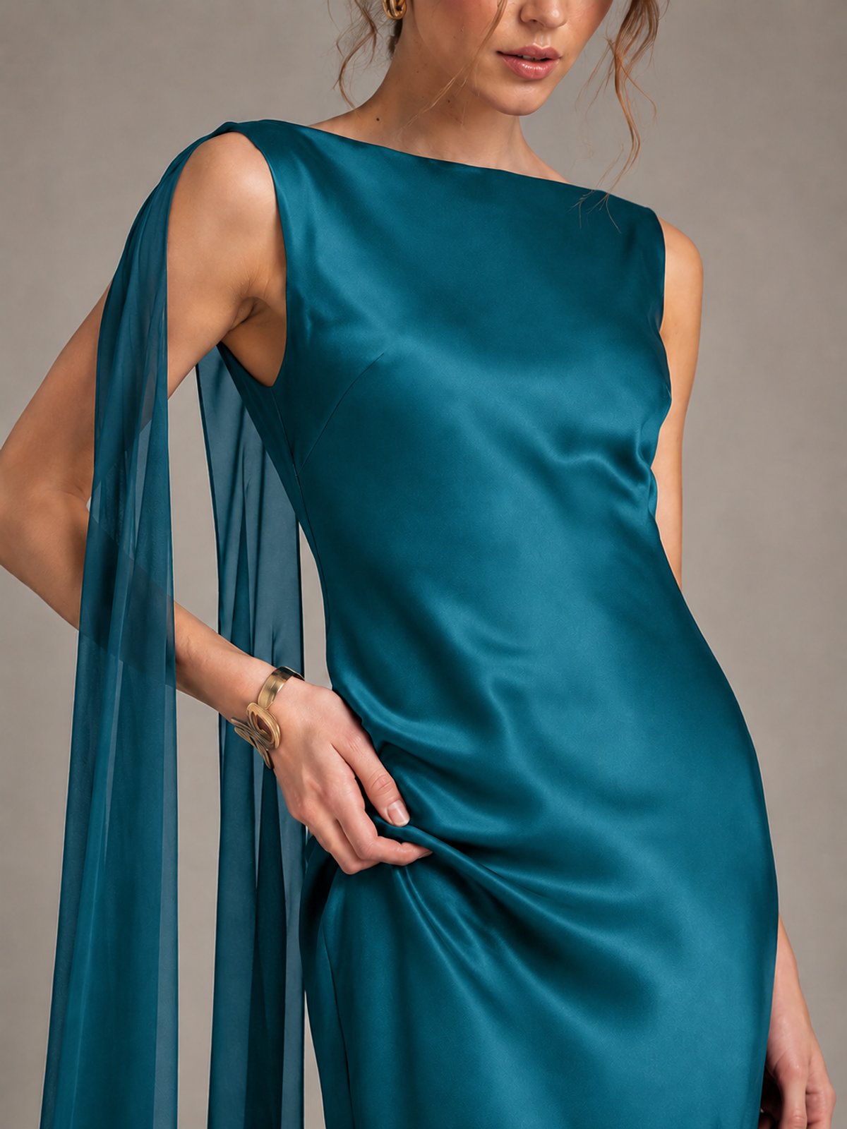 Burgundy Satin Mermaid Cape Maxi Dress