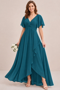 Dusty Blue Chiffon Bridesmaid Dress with Flutter Sleeves & High-Low Hem