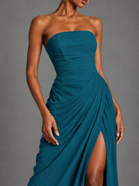 Strapless Bodycon Pleated Chiffon Formal Dress with Slit