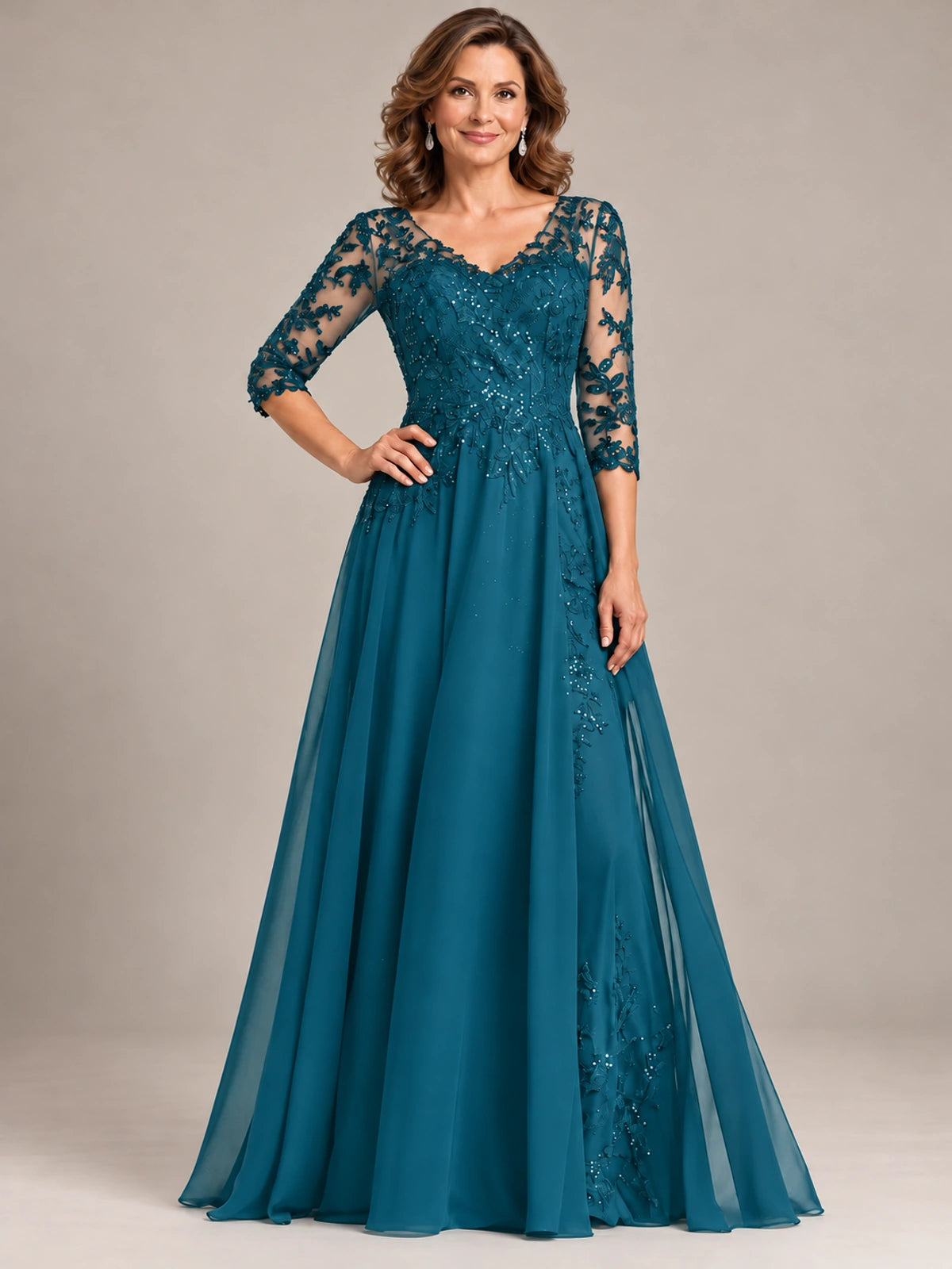 Sequin Lace A-Line Mother of the Bride Dress with 3/4 Sleeves
