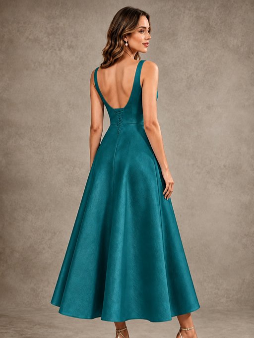 Tea-Length Satin Mother of the Bride Dress with 3D Flower Detail