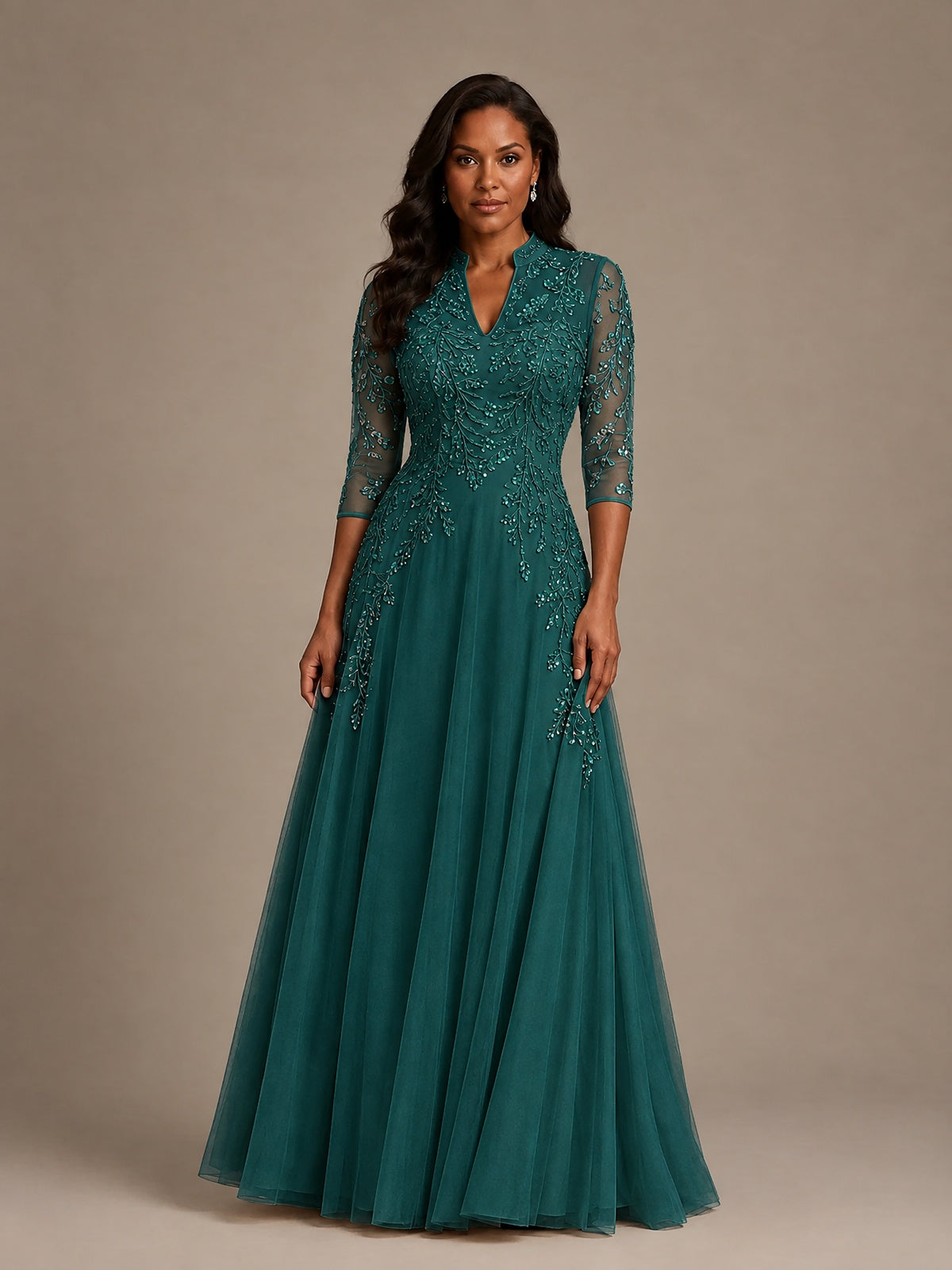 Embellished Appliques Mother of the Bride Dress with 3/4 Sleeves