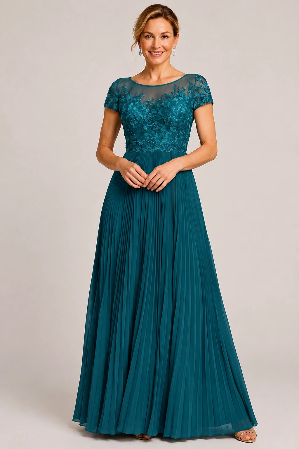 Embroidered Lace Pleated Mother of the Bride Dress