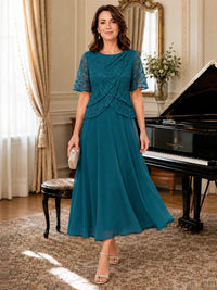 Tea-Length Chiffon Mother of the Bride Dress with Sequin Lace Sleeves