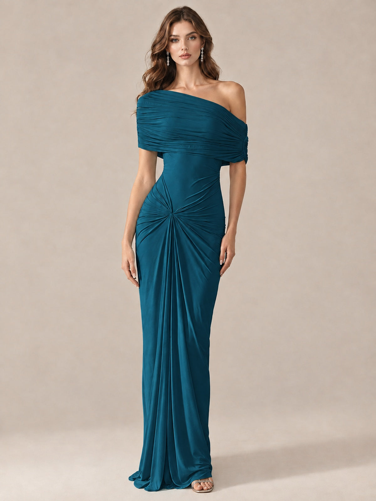 Elegant Draped Off Shoulder Ruched Mermaid Chiffon Formal Evening Gown
