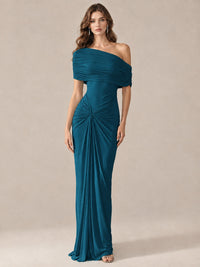 Elegant Draped Off Shoulder Ruched Mermaid Chiffon Formal Evening Gown