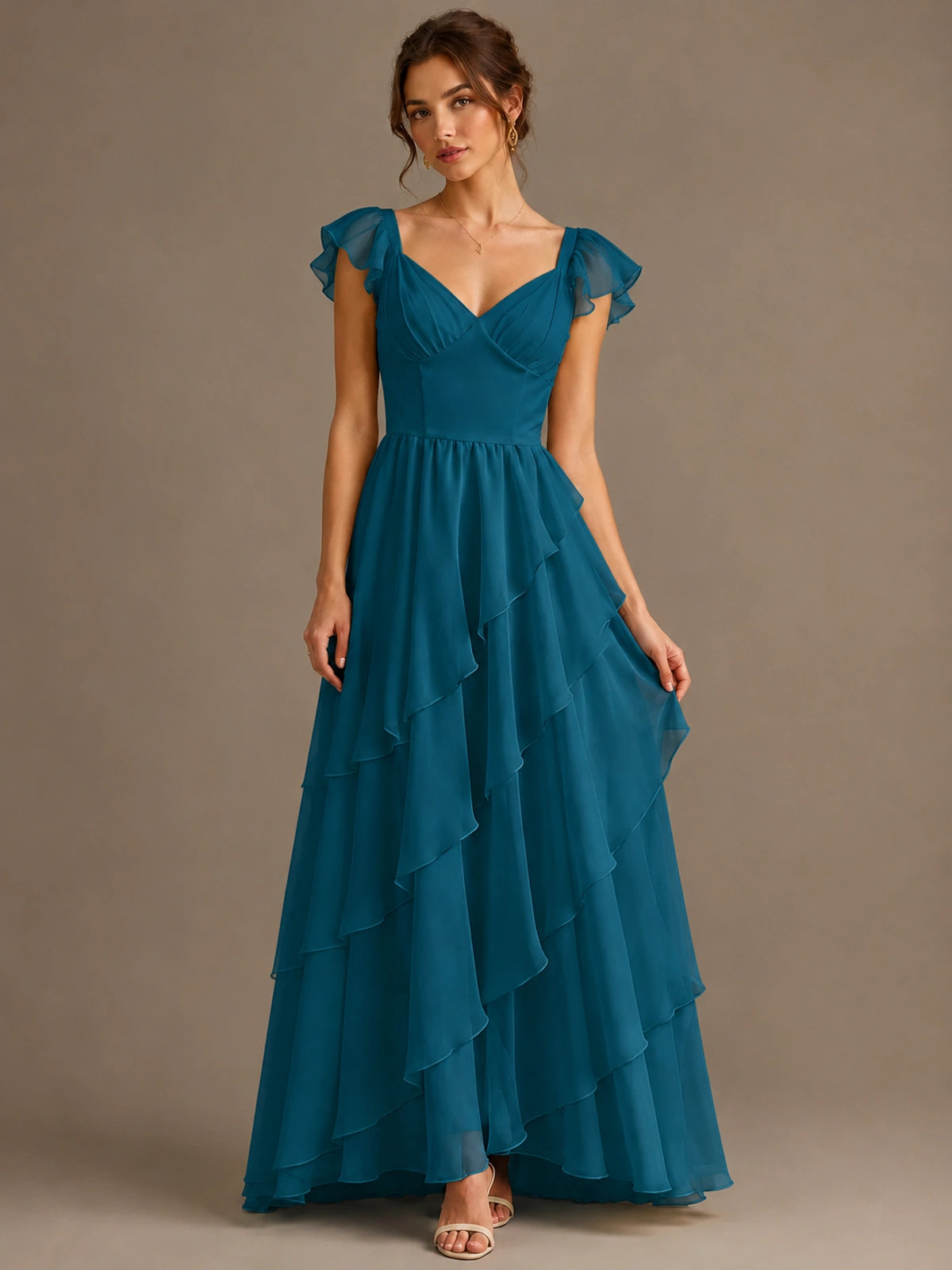 Ruffle Tiered V Neck Maxi Dress