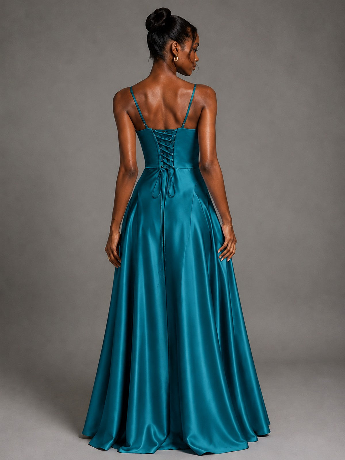 Lavender V Neck Satin Prom Dress with Spaghetti Straps