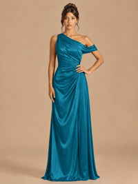 Peacock-satin one shoulder prom dress ruched long formal gow Jovelle