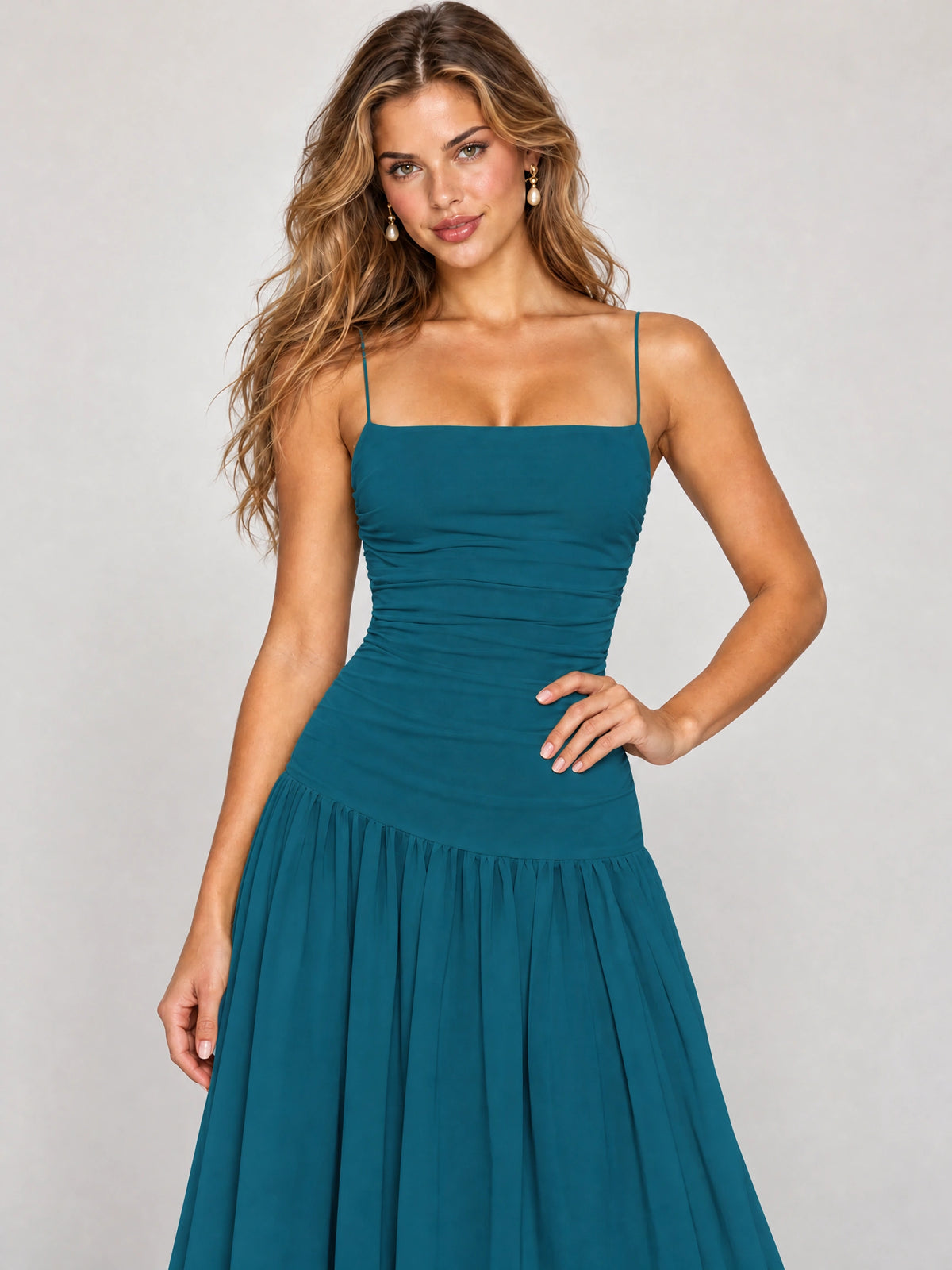 Butter Yellow Ruched Spaghetti Strap Drop-Waist Prom Dress