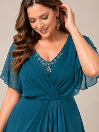 Navy Blue A-Line V-Neck Tea-Length Mother of the Bride Dress