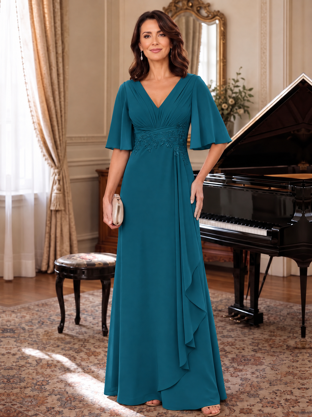 Peacock V-Neck Chiffon Lace Mother of the Bride Dresses with Flutter Sleeve A-line Long Ruffled Evening Formal Wedding Guest Gown