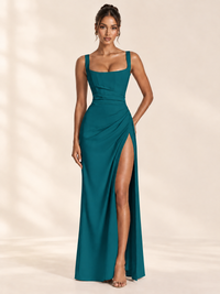 Square Neck Satin Sleeveless Ruched Prom Dress with High Slit