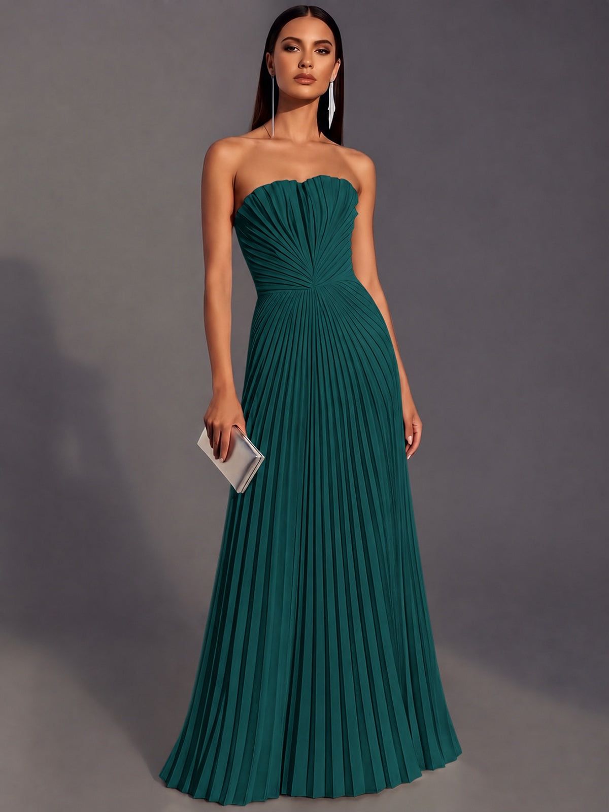 Peacock Strapless Pleated Satin Prom Dress Long Formal Gown Evening Dress