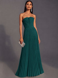 Peacock Strapless Pleated Satin Prom Dress Long Formal Gown Evening Dress