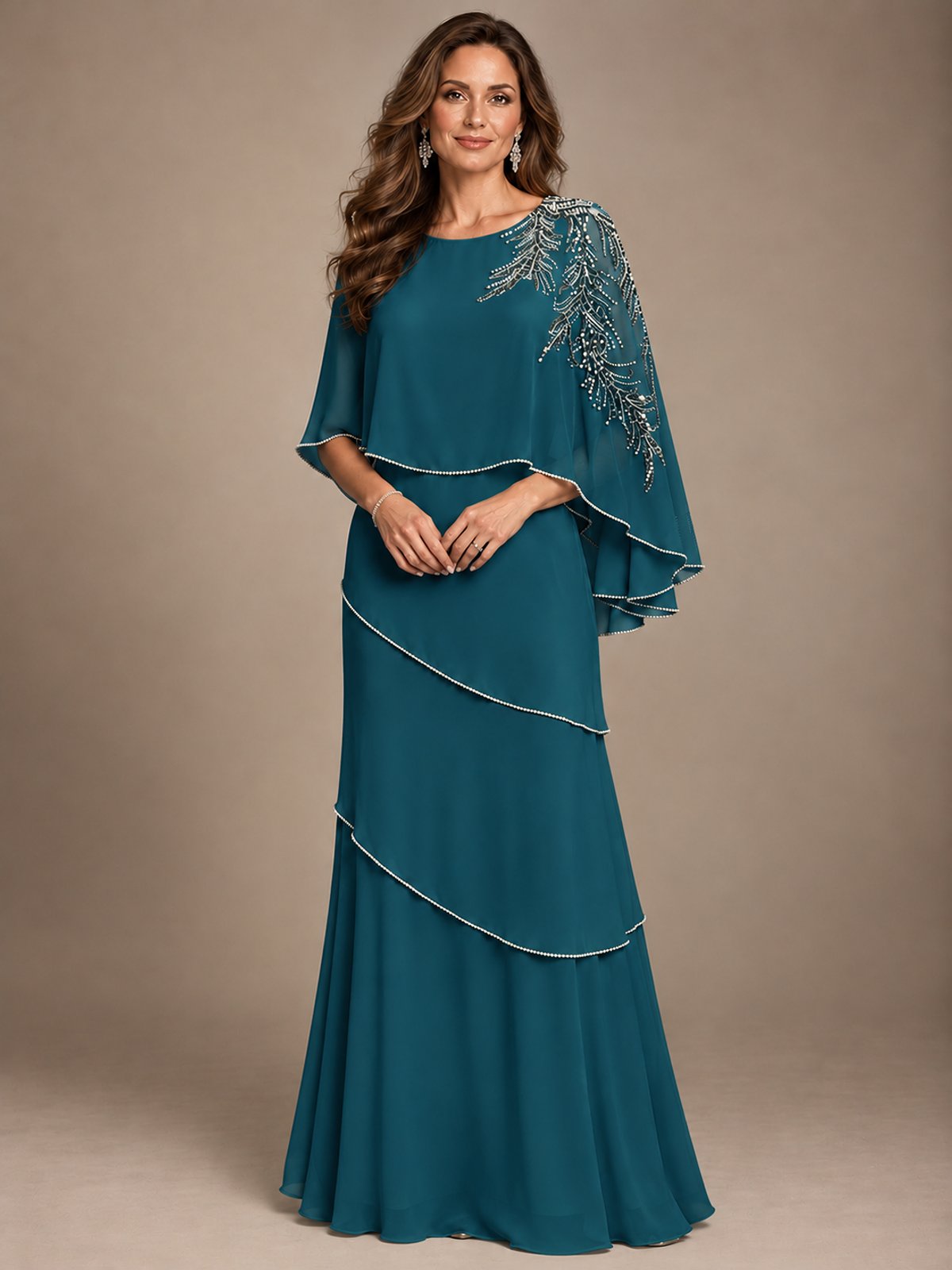 Elegant Chiffon Cape Sleeve Beaded Mother of the Bride Dress