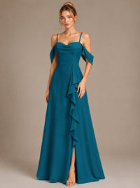 Spaghetti Strap Chiffon Bridesmaid Dress with Ruffles Slit
