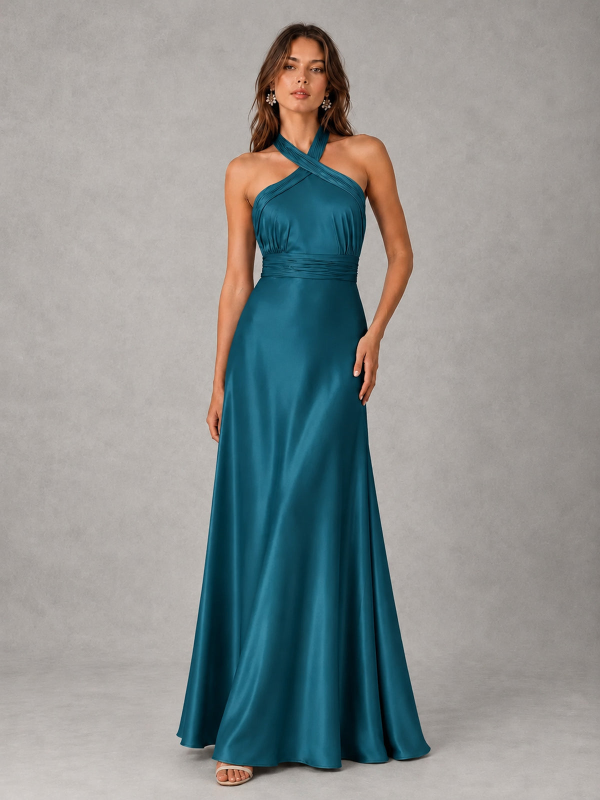 Sage Green Satin A-Line Bridesmaid Dress with Halter Neck