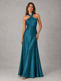 Sage Green Satin A-Line Bridesmaid Dress with Halter Neck