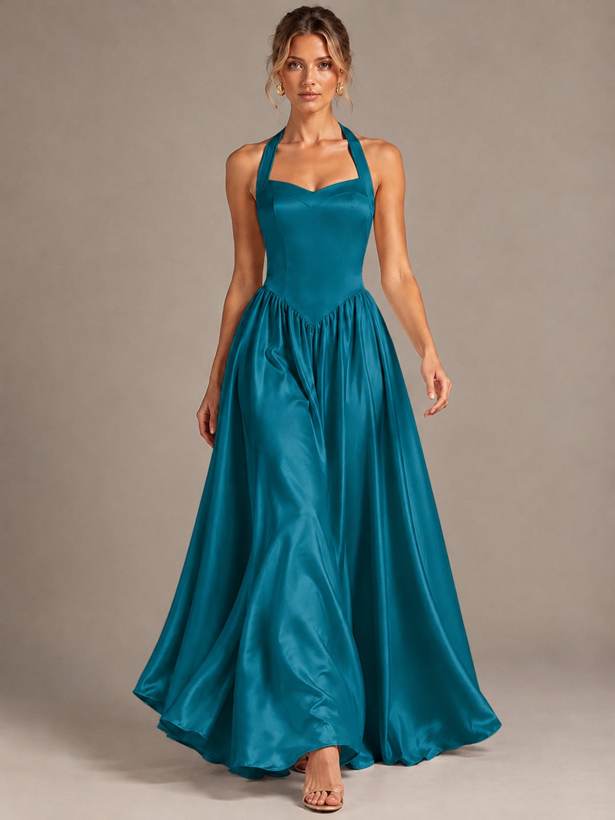 Light Yellow Halter Neck Satin A-Line Maxi Dress with Pockets