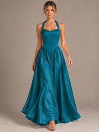Light Yellow Halter Neck Satin A-Line Maxi Dress with Pockets