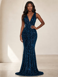 Sequin Mermaid Prom Dress with V-Neck and Ruched Waist