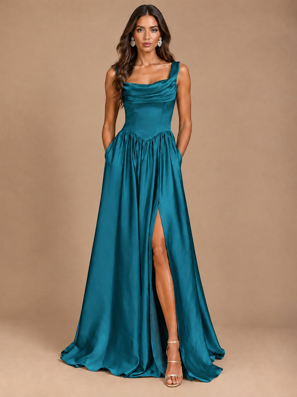 Cowl Neck Pleated Satin Prom Dress with Pockets & Slit Maxi Formal Gowns