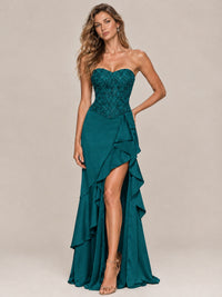 Strapless Lace Appliques Corset Satin Prom Dress Ruffle Slit Evening Gown