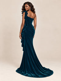 Black Velvet One-Shoulder Mermaid Evening Gown with Bow & Ruffles