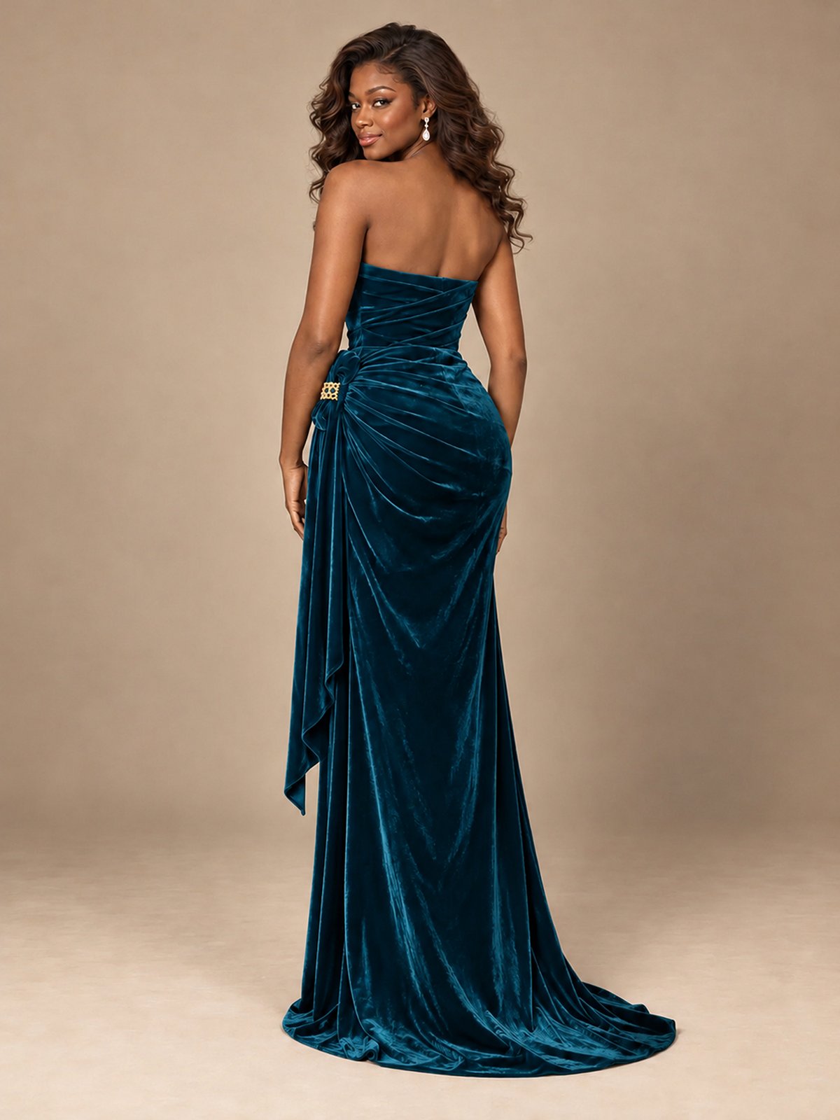 Burgundy Velvet Strapless Ruched Prom Dress with Jeweled Side Drape