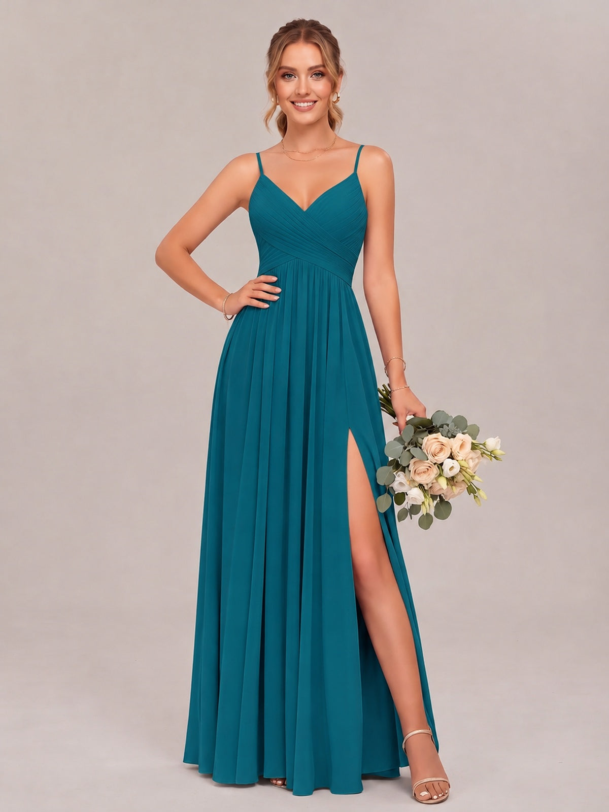Peacock Spaghetti Straps Pleated Chiffon Bridesmaid Dress with Slit V-Neck A-line Long Formal Evening Wedding Guest Gown