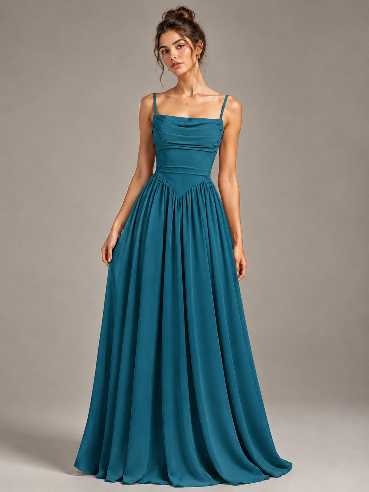 Spaghetti Strap Ruched Chiffon Maxi Dress with Backless