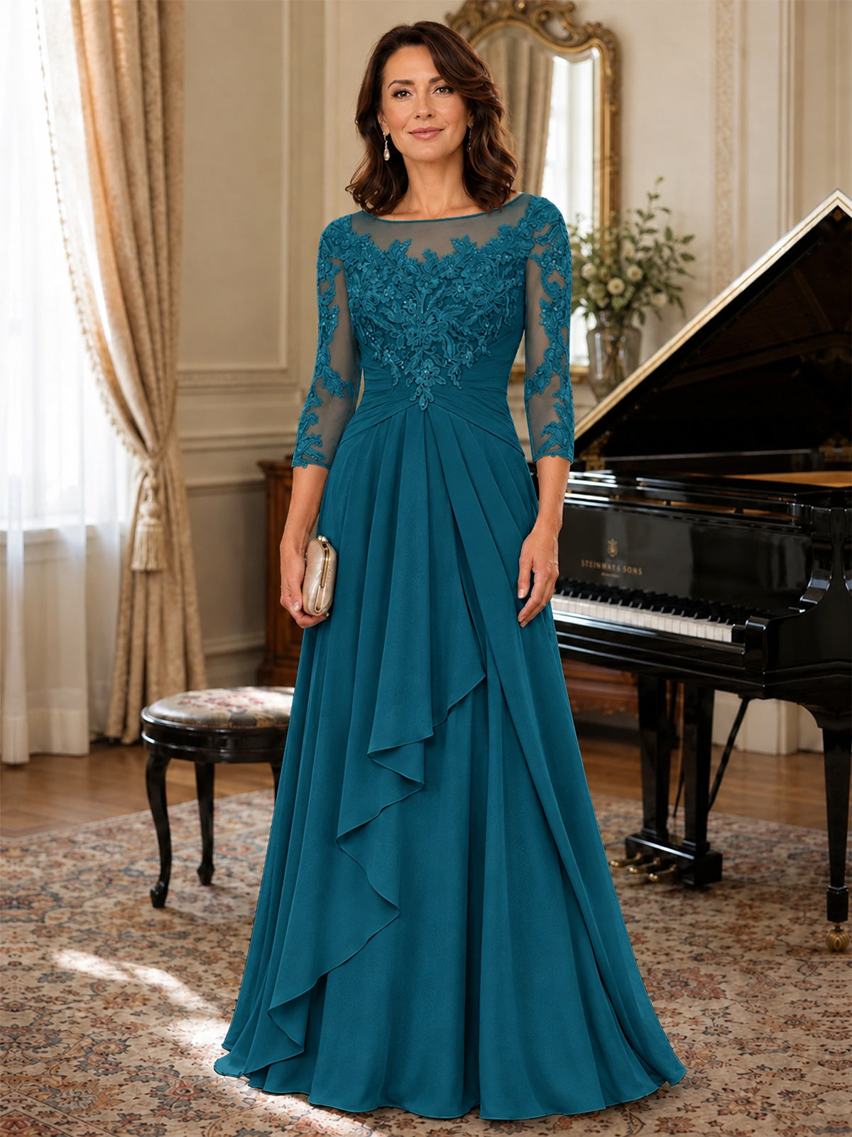 A-Line Chiffon Mother of the Bride Dress with Floral Applique 3/4 Sleeves