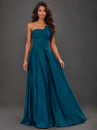 Draped Satin Prom Dress Strapless A-line Formal Dress Floor Length