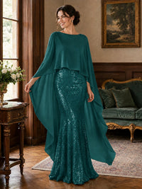 Sequin 2 Pieces Mother of the Bride Dress with Cap Sleeves Chiffon Formal Gowns