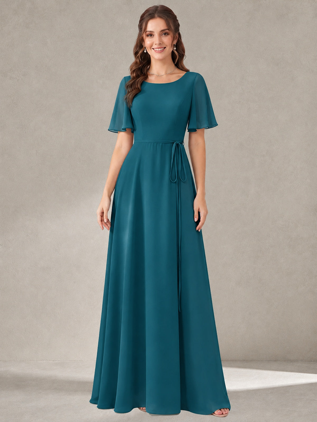Peacock Scoop Neck A-line Chiffon Bridesmaid Dress with Belt Flutter Sleeve Formal Wedding Guest Dress Evening Gown