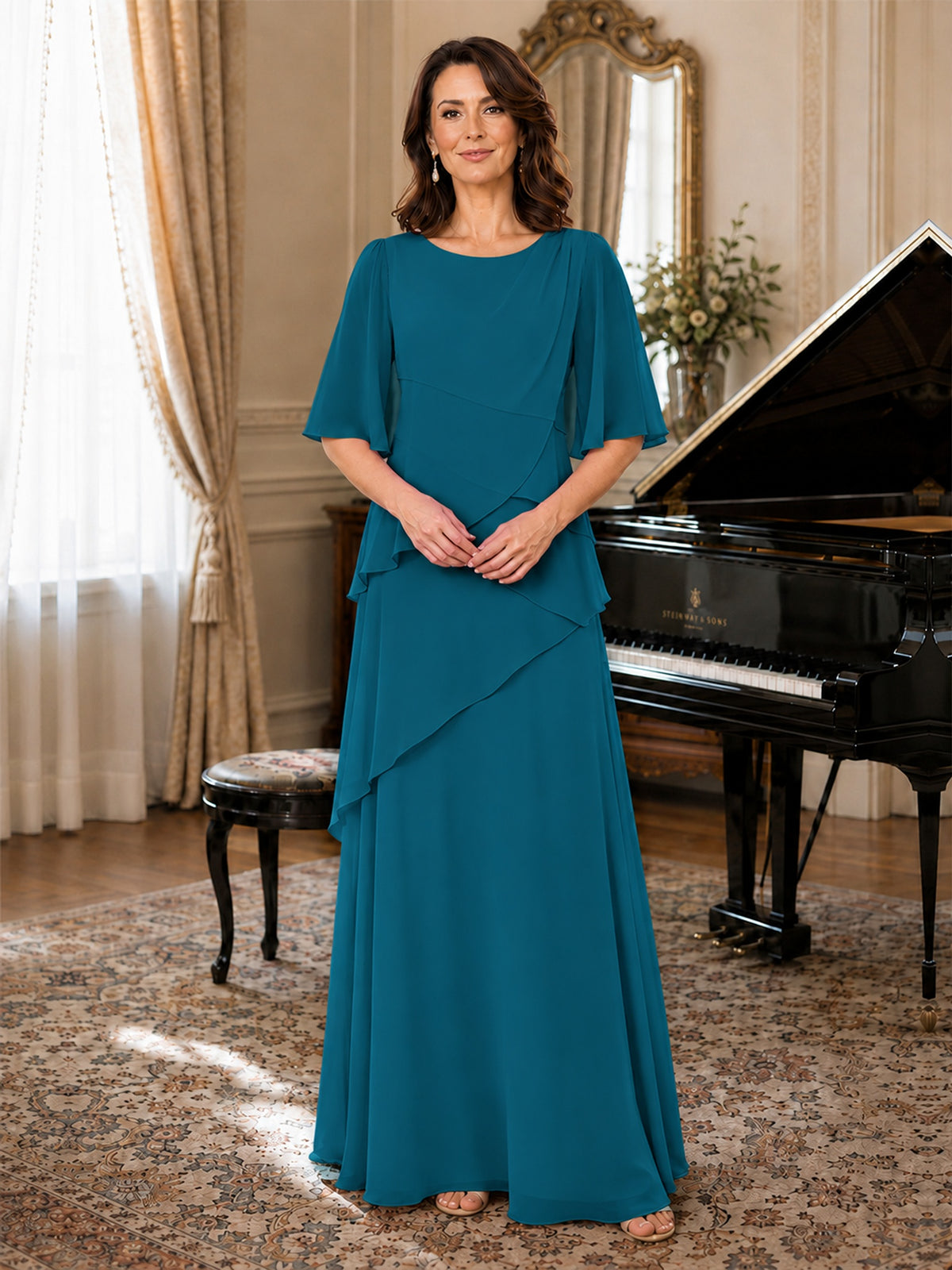 Asymmetric Draped Chiffon Mother of the Bride Dress with Flutter Sleeves