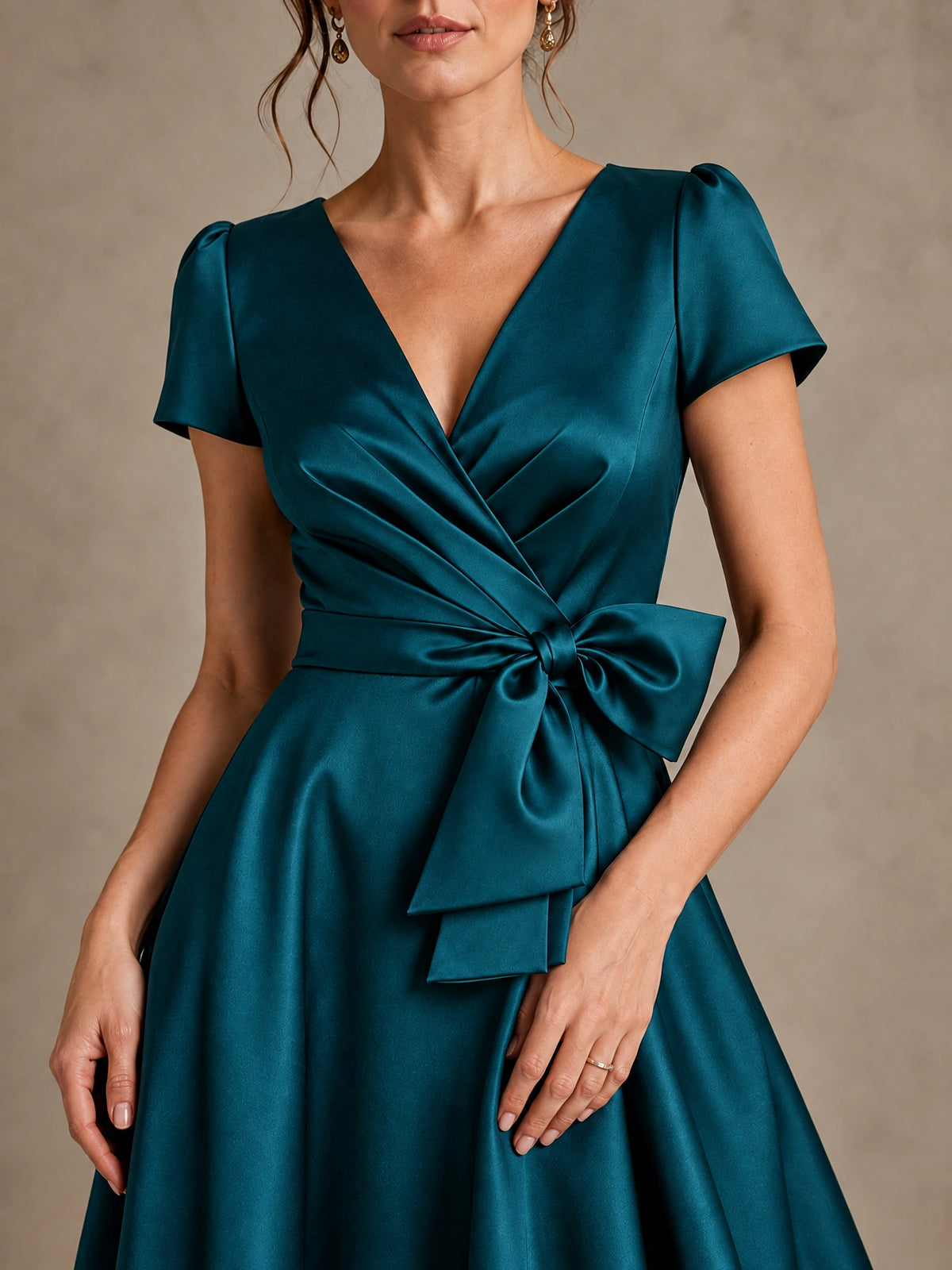 V-Neck Tea-Length Satin Mother of the Bride Dress with Bow