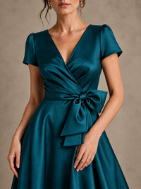 V-Neck Tea-Length Satin Mother of the Bride Dress with Bow