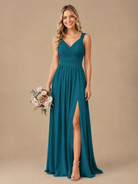Pleated Chiffon V Neck Wedding Bridesmaid Dresses Floor Length with Slit