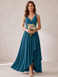 V-Neck High-Low Chiffon Bridesmaid Dress with Ruffles