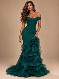 Dusty Blue Off-the-Shoulder Mermaid Prom Dress with 3D Rose & Ruffles