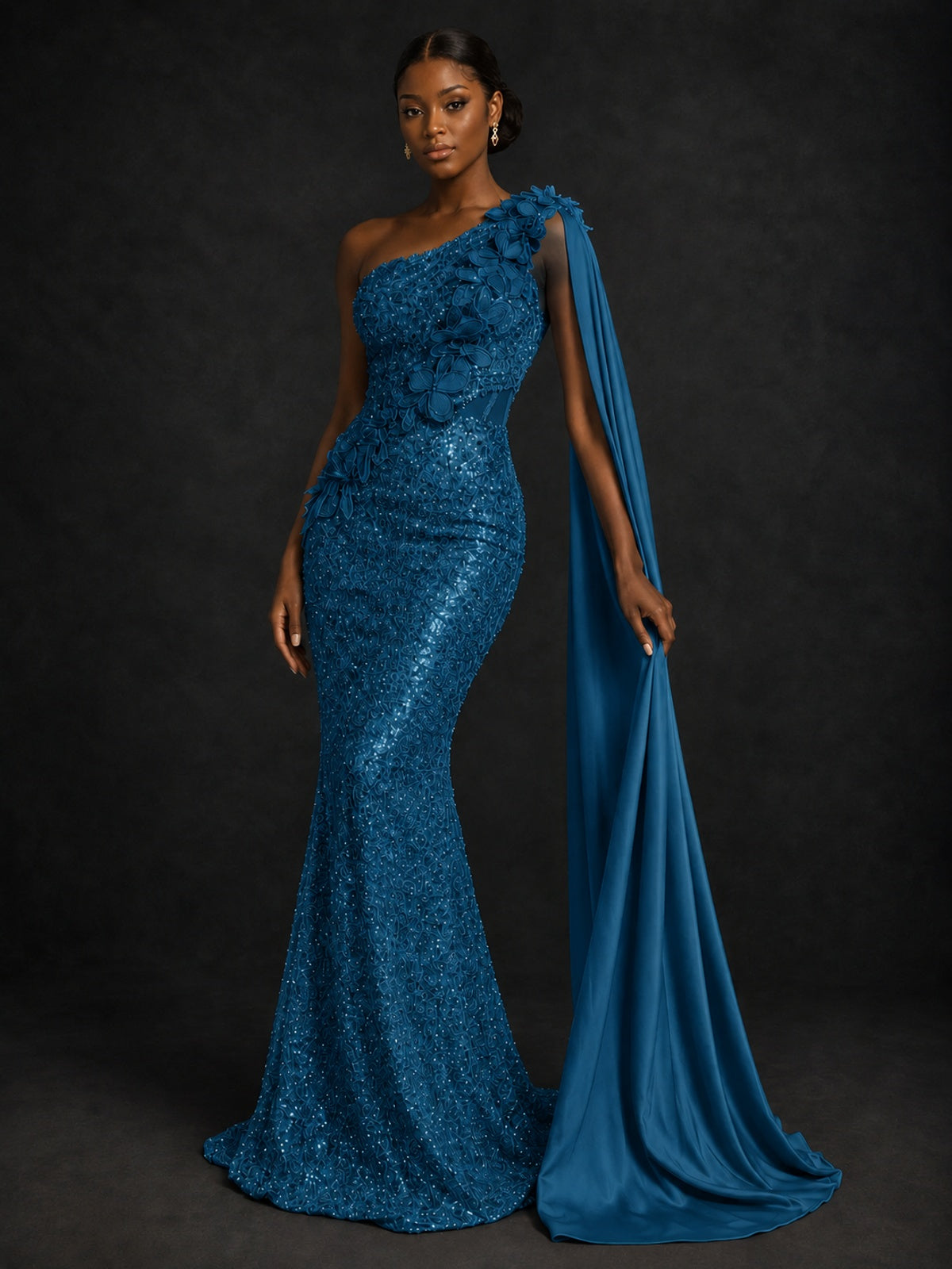Gold Sequin One Shoulder Mermaid Prom Dress with Cape