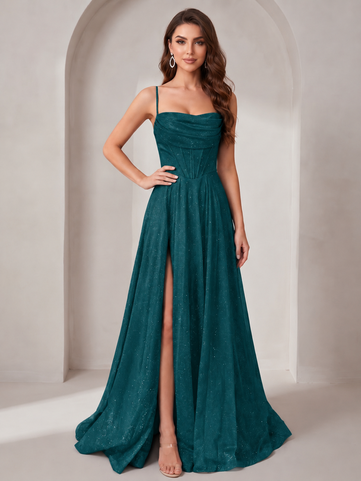 Peacock Sparkly Cowl Neck Corset Long Prom Dress with Slit A-line Tulle Ball Gown Formal Evning Party Dress