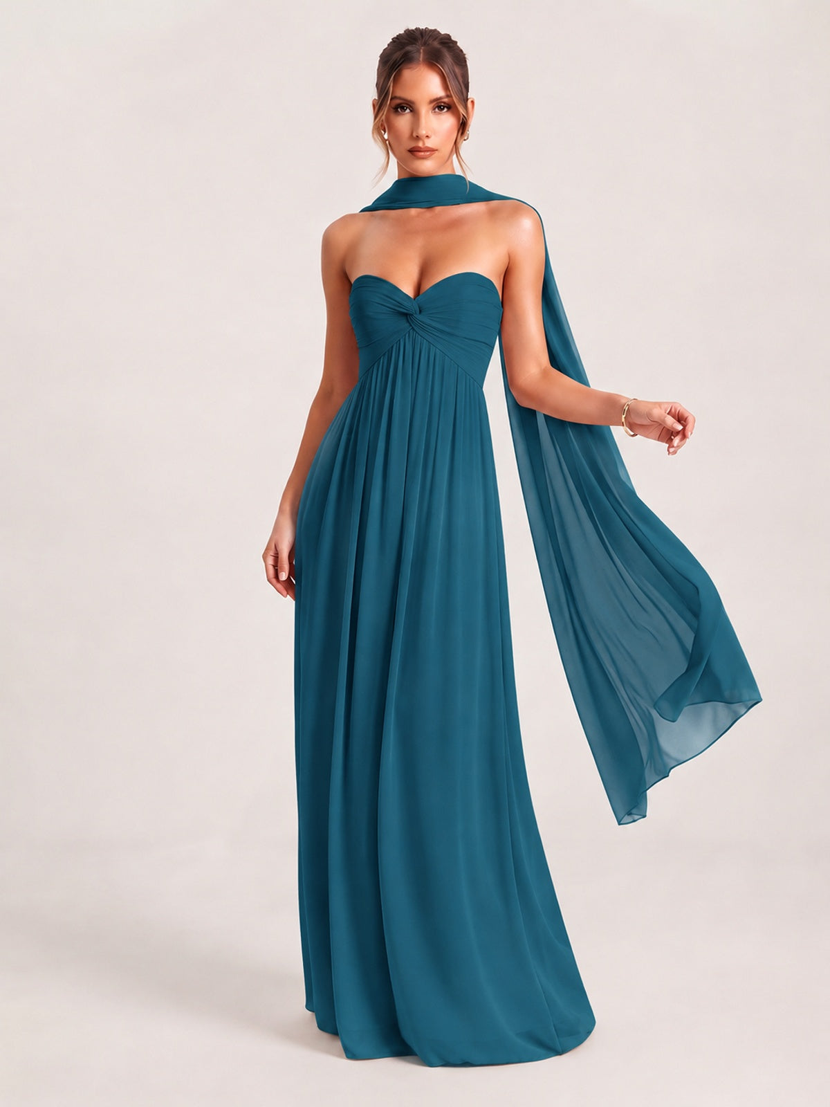 Peacock Strapless Ruched Chiffon Long Prom Dress with Scarf A-line Sweetheart Ruffled Formal Wedding Guest Dress Evening Gown
