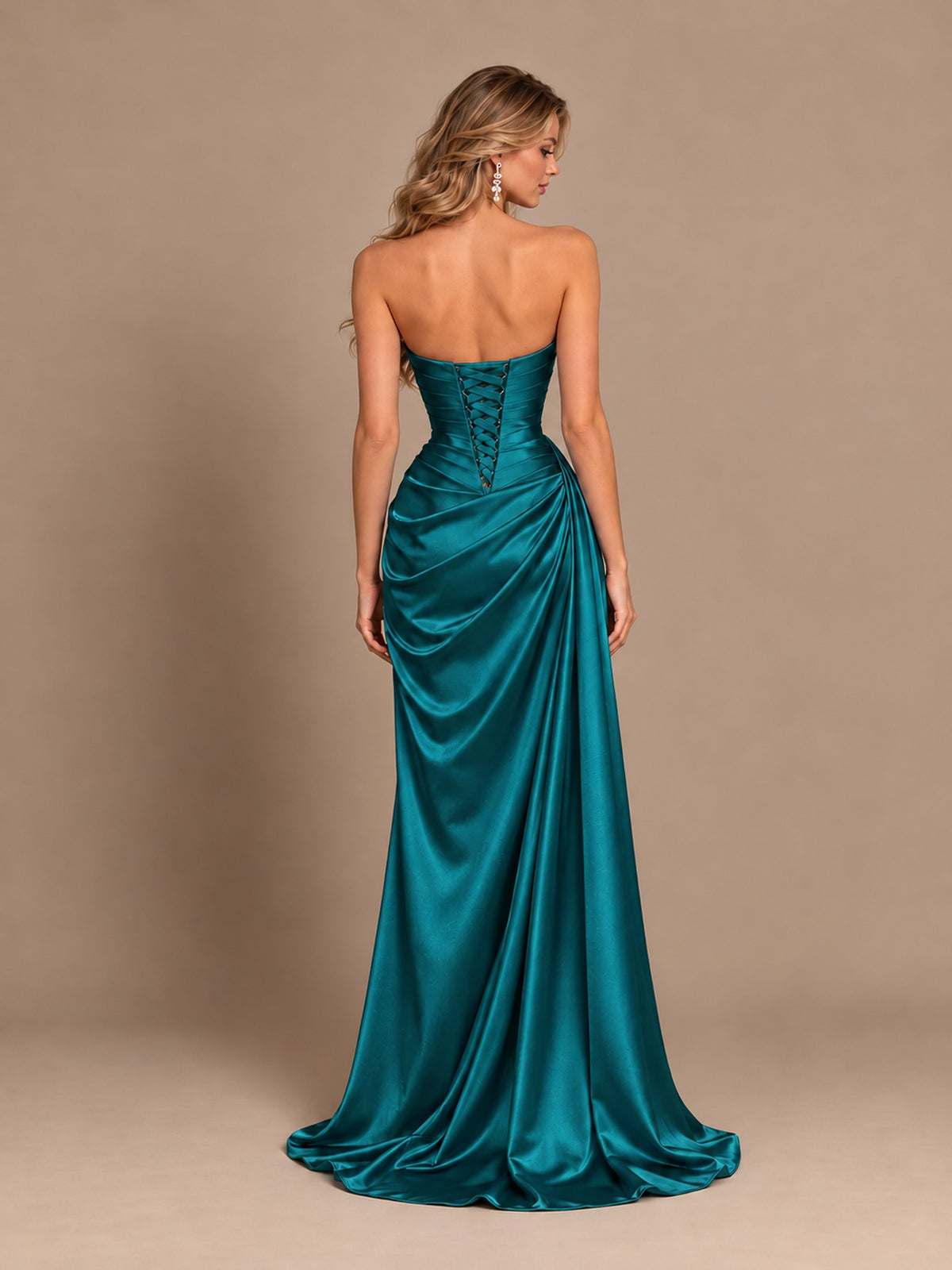 Dusty Blue Strapless Satin Prom Dress with Ruched Bodice and Slit