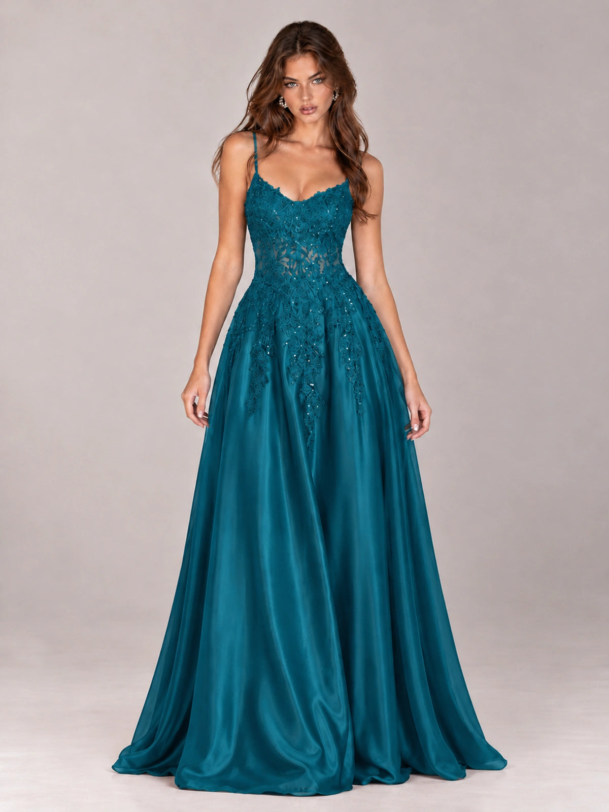Lace Applique Satin A-Line Prom Dress with Sheer Bodice